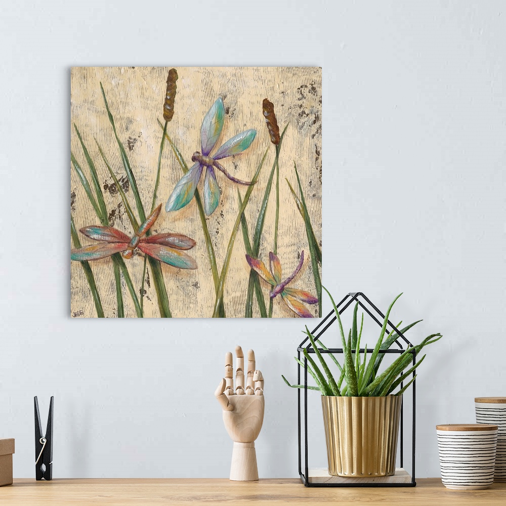A bohemian room featuring A transitional image of three jewel-toned dragonflies hovering among cattail grasses. This artwor...