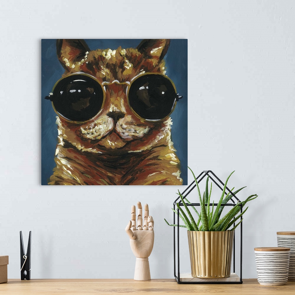 A bohemian room featuring A engaging portrait of a cat wearing gold rimmed sunglasses on a grey/blue  background.