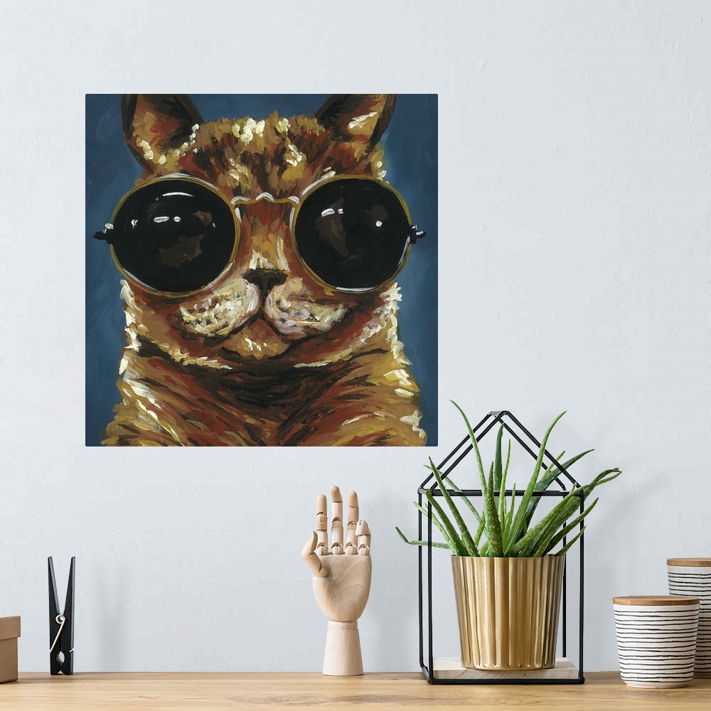A bohemian room featuring A engaging portrait of a cat wearing gold rimmed sunglasses on a grey/blue  background.