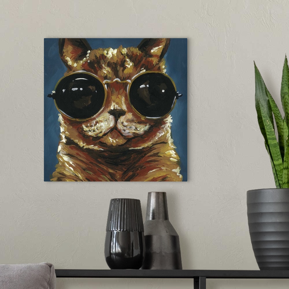 A modern room featuring A engaging portrait of a cat wearing gold rimmed sunglasses on a grey/blue  background.