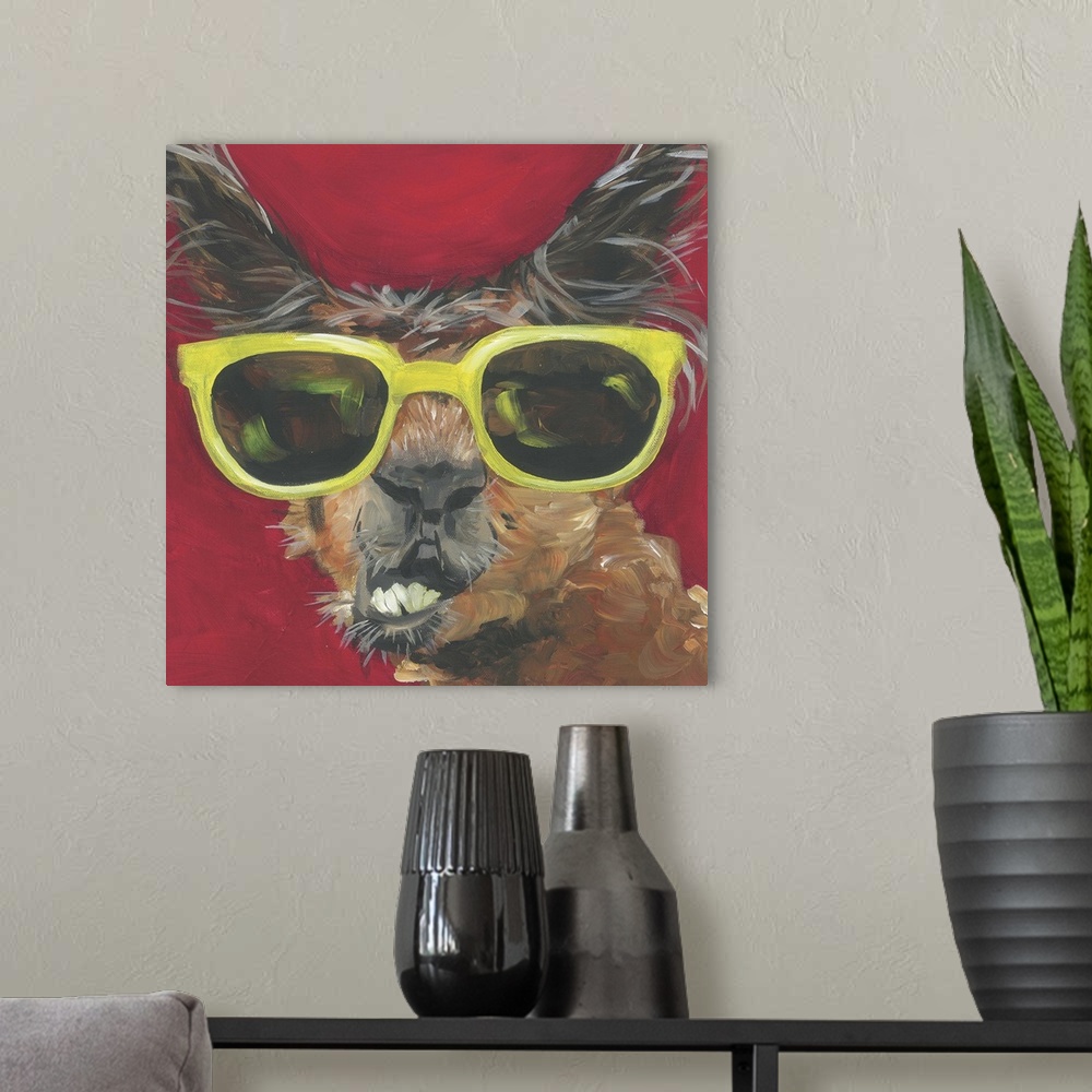 A modern room featuring A engaging portrait of a llama wearing yellow sunglasses on a red background.