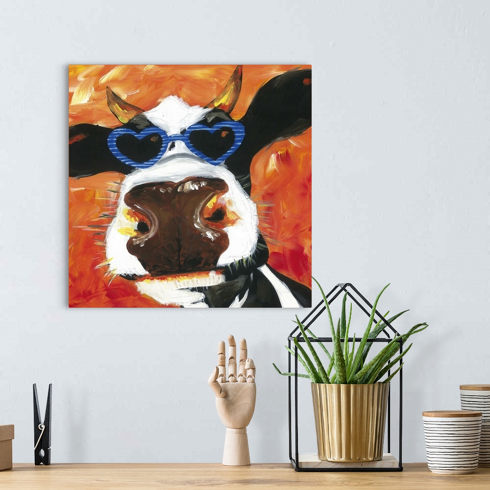 A bohemian room featuring A engaging portrait of a black and white cow wearing heart shaped sunglasses on an orange backgro...