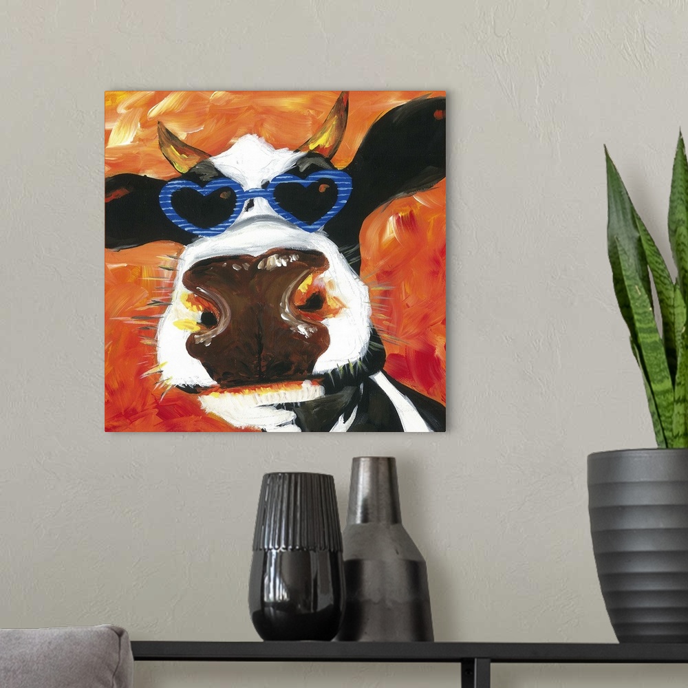A modern room featuring A engaging portrait of a black and white cow wearing heart shaped sunglasses on an orange backgro...