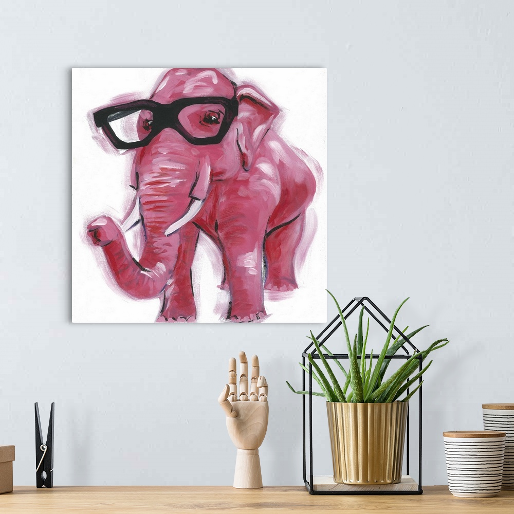A bohemian room featuring A engaging portrait of a pink elephant wearing black glasses on a white background.