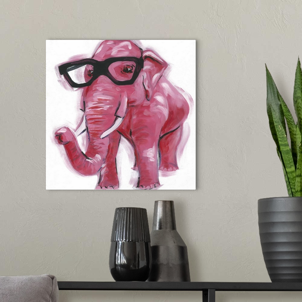 A modern room featuring A engaging portrait of a pink elephant wearing black glasses on a white background.