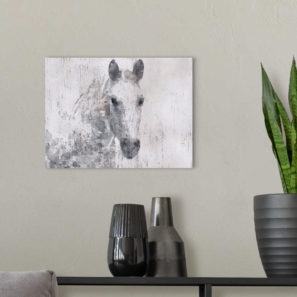 A modern room featuring A creative image of a gray horse over a white wood board.
