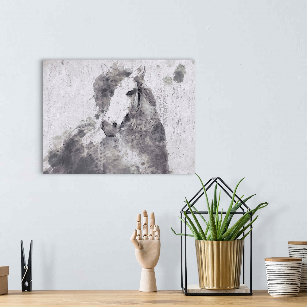 A bohemian room featuring A creative image of a gray horse over a white wood board.