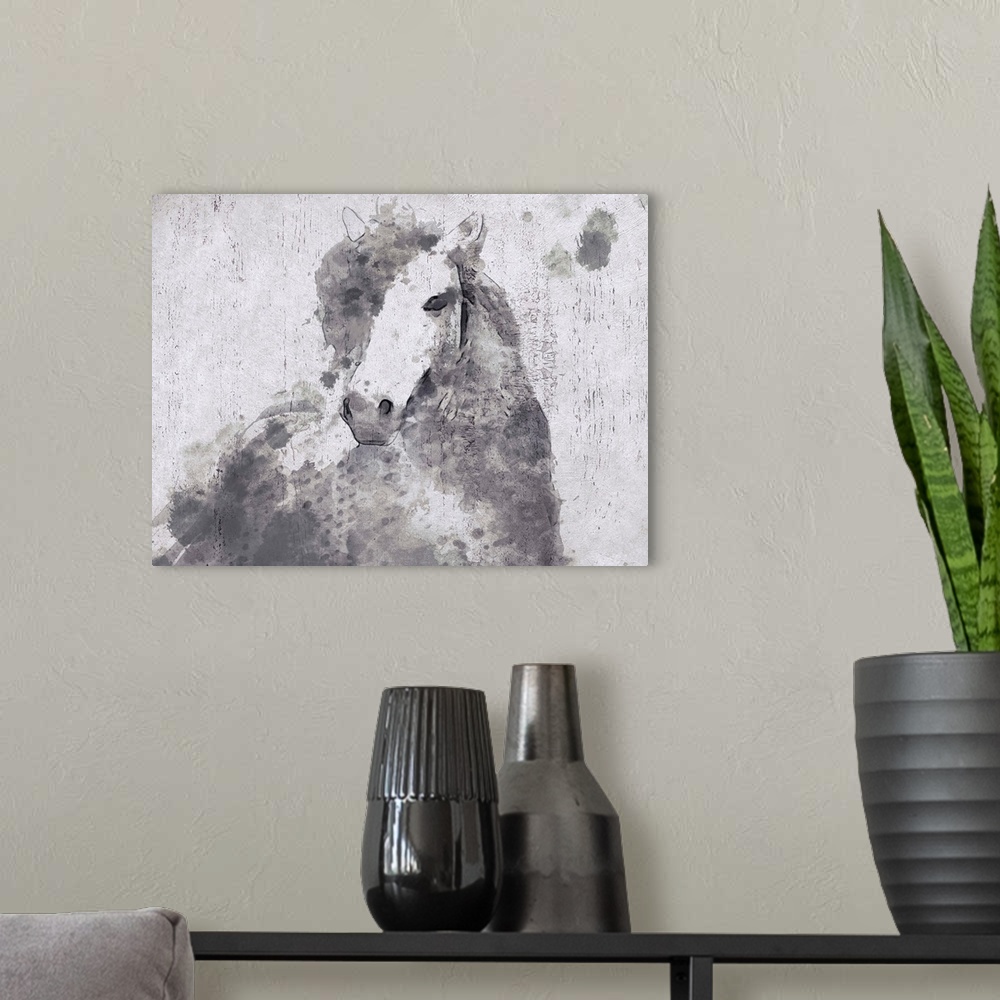 A modern room featuring A creative image of a gray horse over a white wood board.