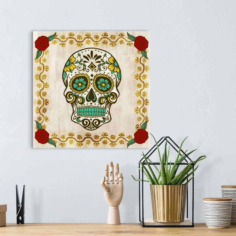 A bohemian room featuring Decorative art with a playful illustration of a Dia De Los Muertos skull on a square background w...