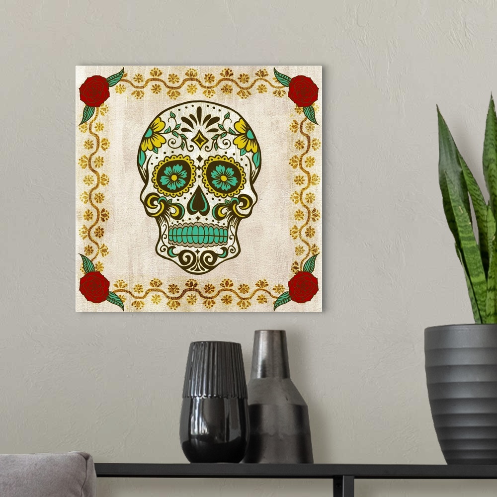 A modern room featuring Decorative art with a playful illustration of a Dia De Los Muertos skull on a square background w...