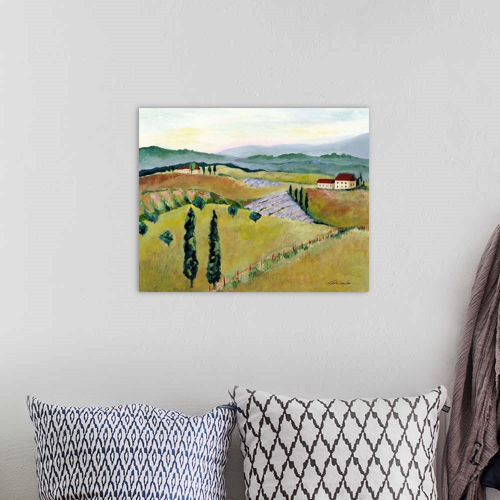 A bohemian room featuring A contemporary painting of an Italian countryside landscape.