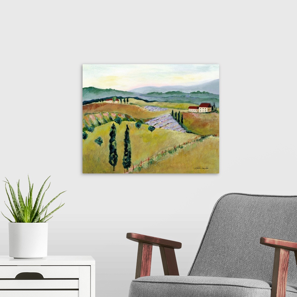 A modern room featuring A contemporary painting of an Italian countryside landscape.