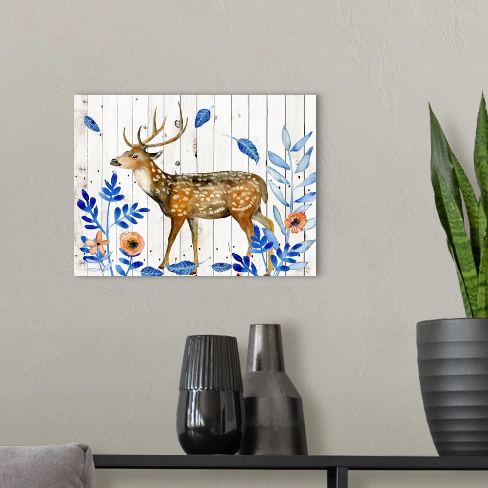 A modern room featuring Contemporary artwork of a poised watercolor deer trekking while blue leaves fall and is surrounde...