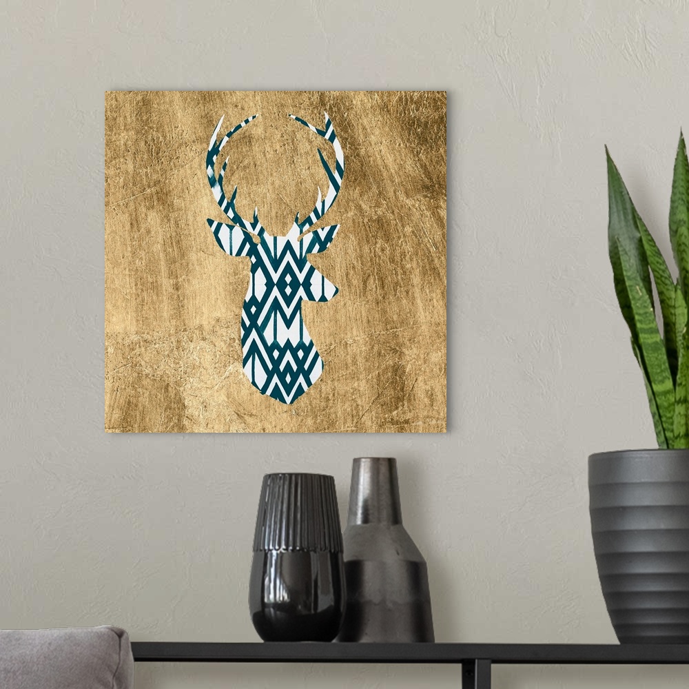A modern room featuring Patterned deer silhouette on a gold background.