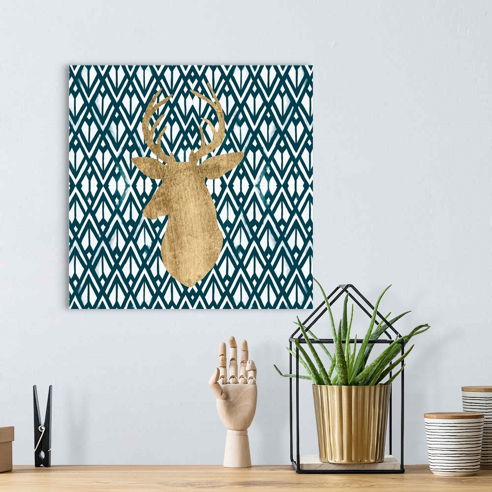 A bohemian room featuring Gold deer silhouette on a patterned background.