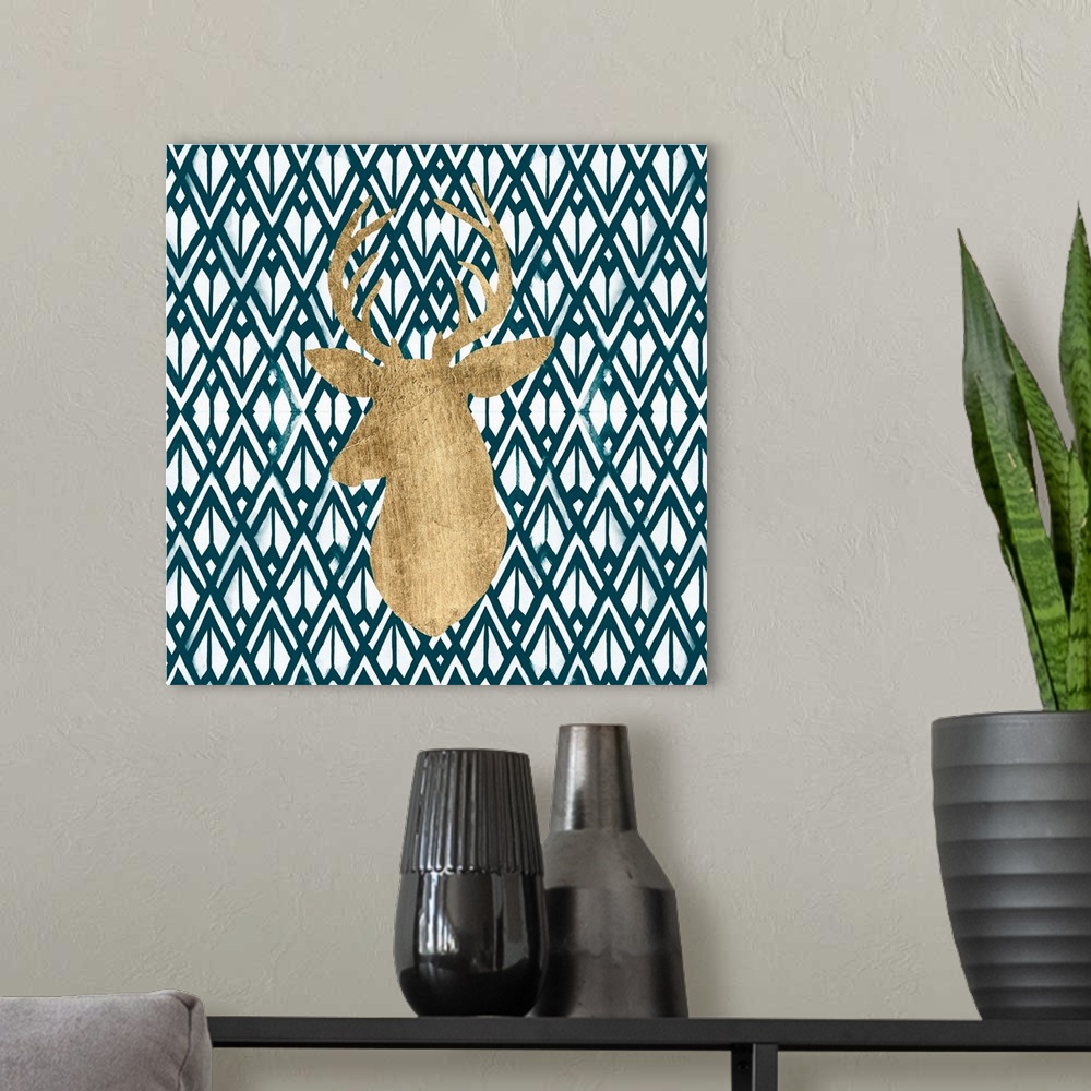 A modern room featuring Gold deer silhouette on a patterned background.