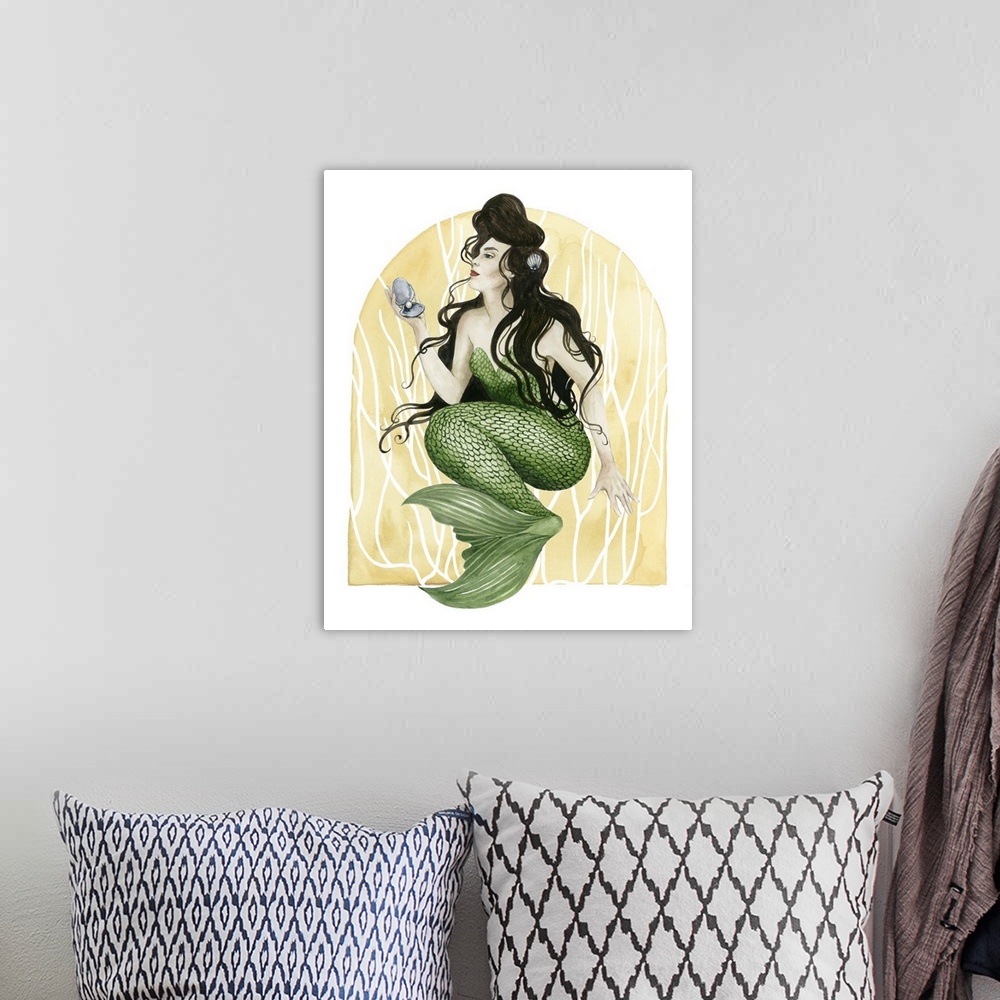A bohemian room featuring Art Deco style illustration of a mermaid with dark, wavy hair and green scales.