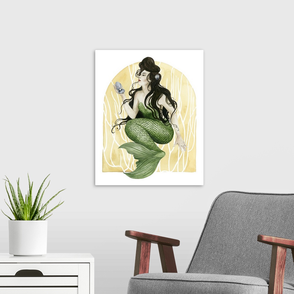 A modern room featuring Art Deco style illustration of a mermaid with dark, wavy hair and green scales.