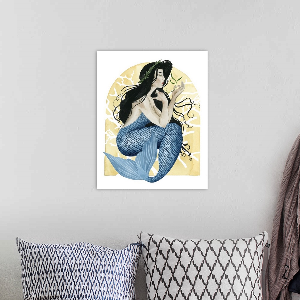 A bohemian room featuring Art Deco style illustration of a mermaid with dark, wavy hair and blue scales.