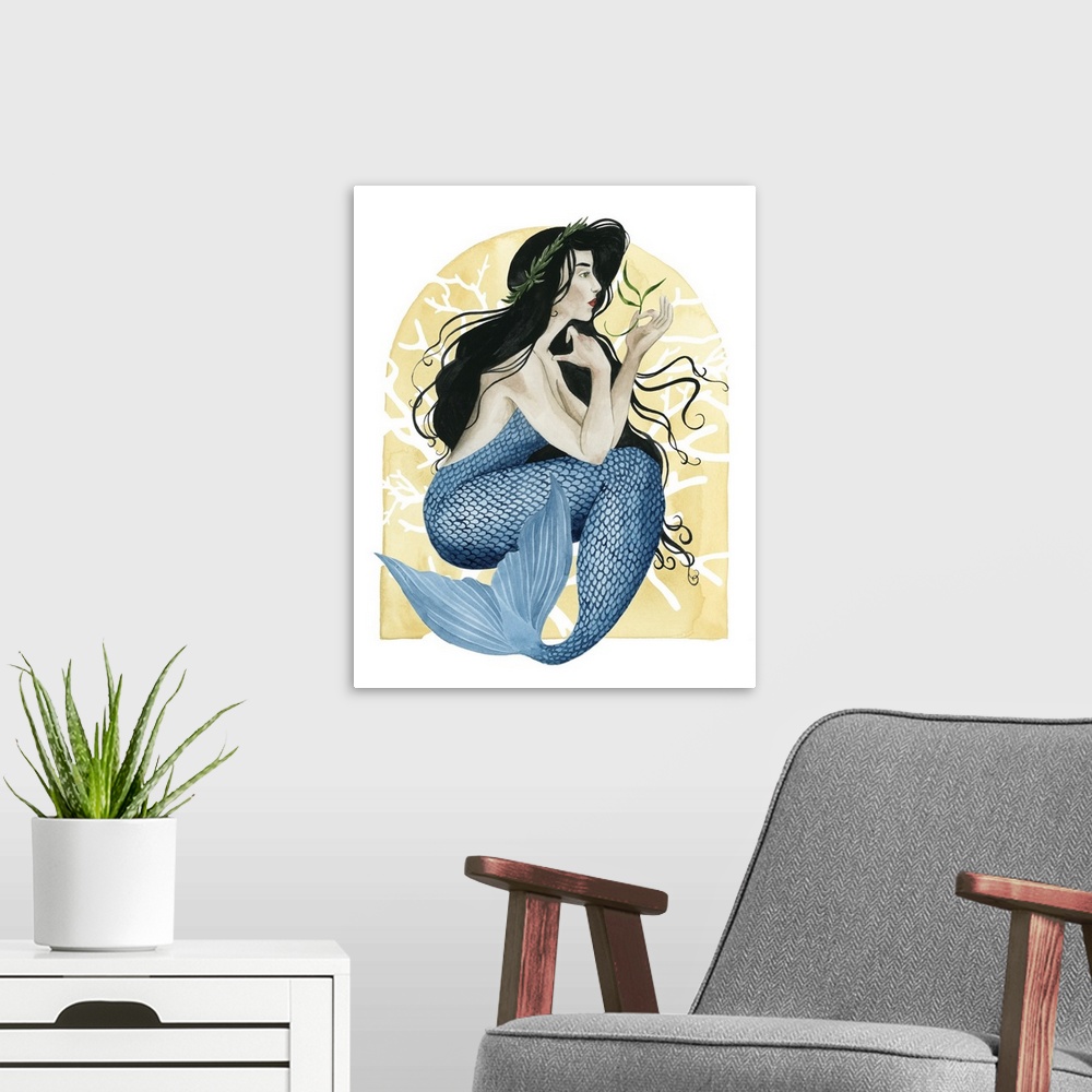 A modern room featuring Art Deco style illustration of a mermaid with dark, wavy hair and blue scales.