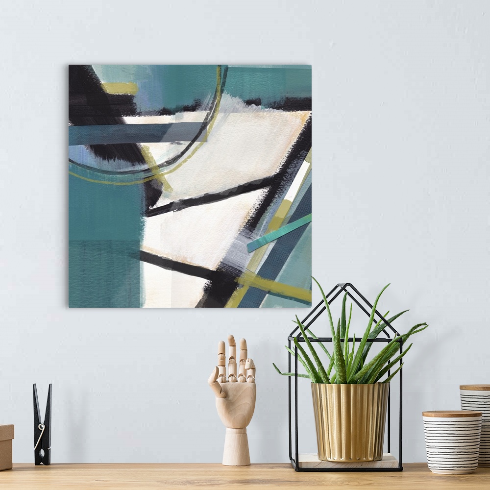 A bohemian room featuring Square abstract art in shades of blue, green, white, and black with some pieces glued on top crea...