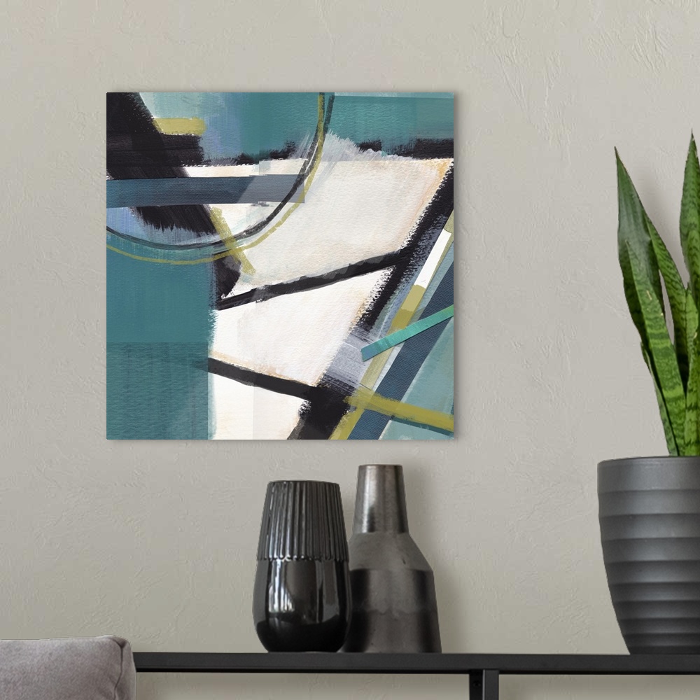 A modern room featuring Square abstract art in shades of blue, green, white, and black with some pieces glued on top crea...
