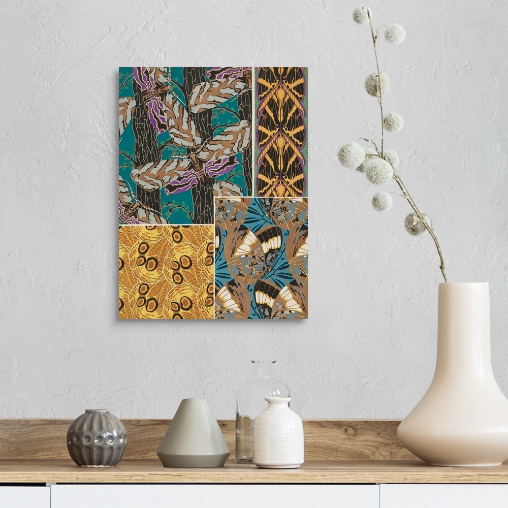 A farmhouse room featuring A decorative collage of varies types of butterflies in colorful patterns.