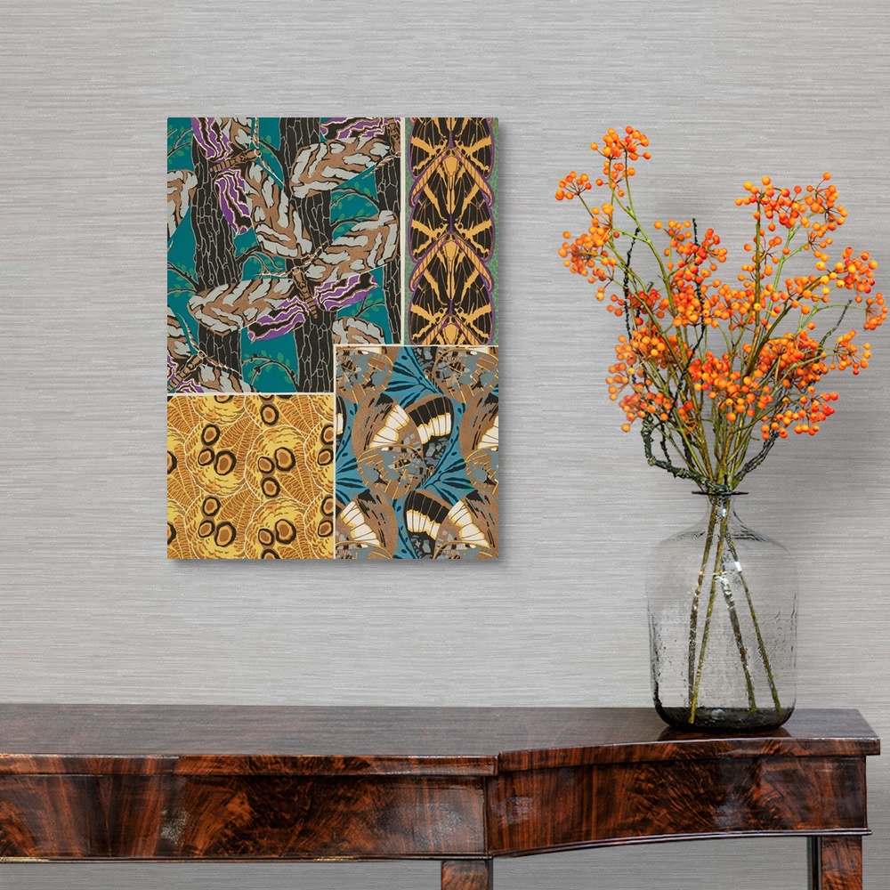A traditional room featuring A decorative collage of varies types of butterflies in colorful patterns.