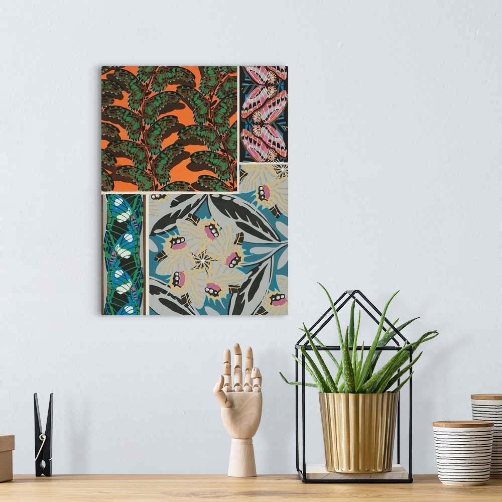 A bohemian room featuring A decorative collage of varies types of butterflies in colorful patterns.