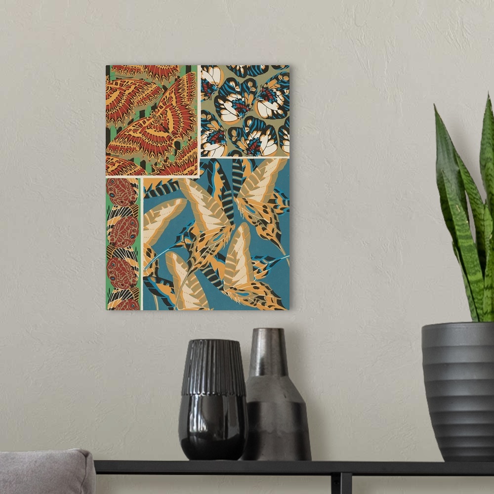 A modern room featuring A decorative collage of varies types of butterflies in colorful patterns.