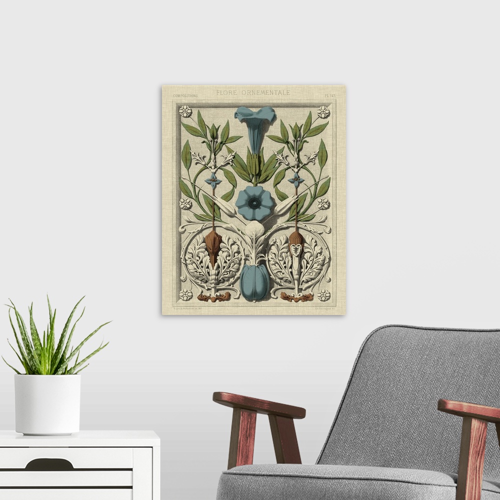 A modern room featuring Contemporary floral artwork in a vintage illustrative style.