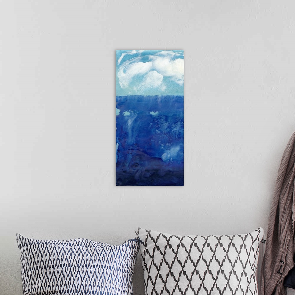 A bohemian room featuring This vertical contemporary artwork features a tumultuous sea with white fluffy clouds floating ab...