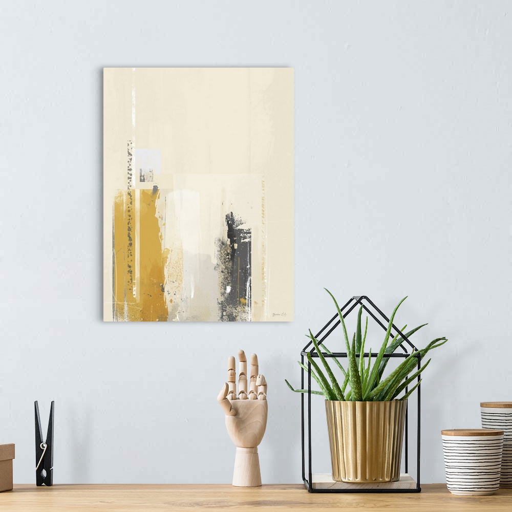 A bohemian room featuring Abstract contemporary painting in black and yellow with angular shapes and paint splatters.