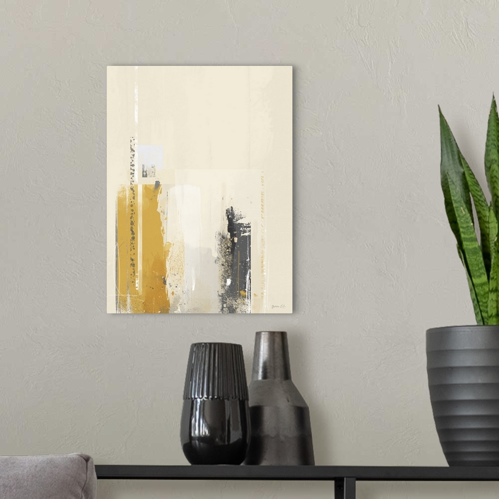 A modern room featuring Abstract contemporary painting in black and yellow with angular shapes and paint splatters.