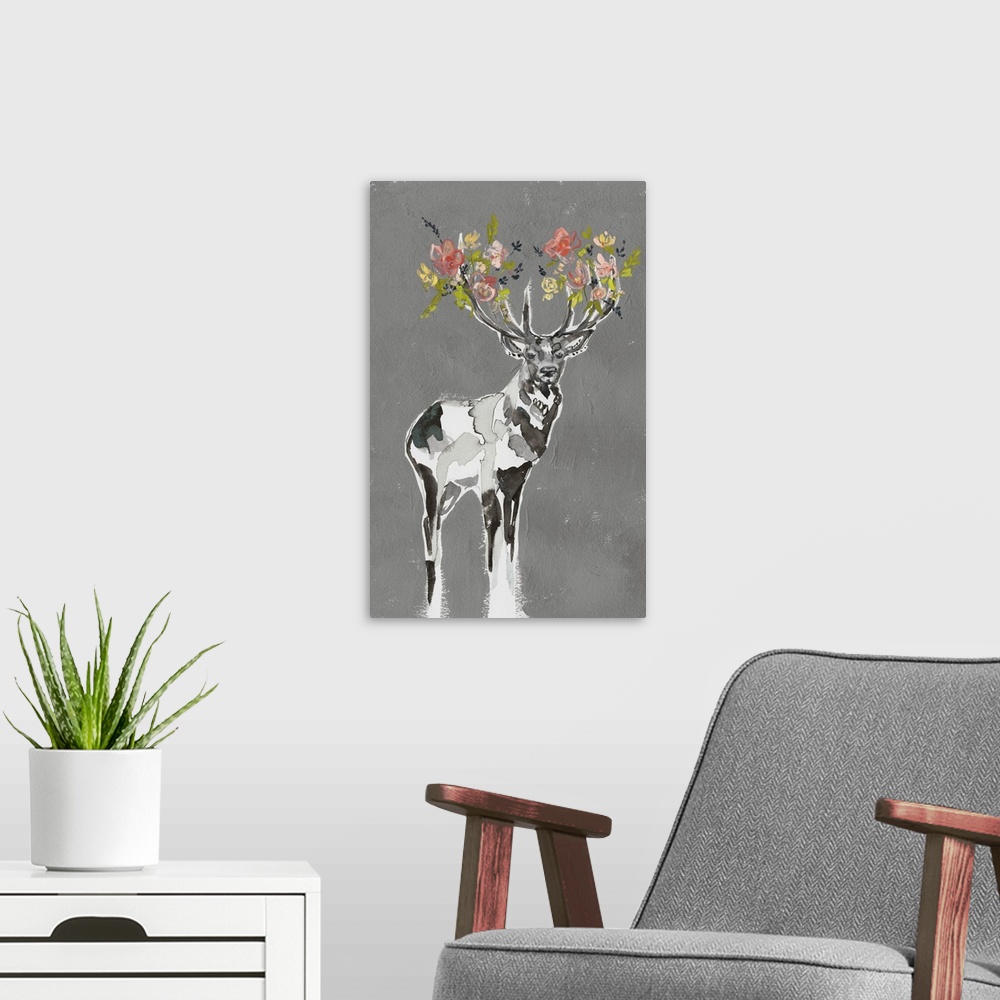 A modern room featuring Deer and Flowers I