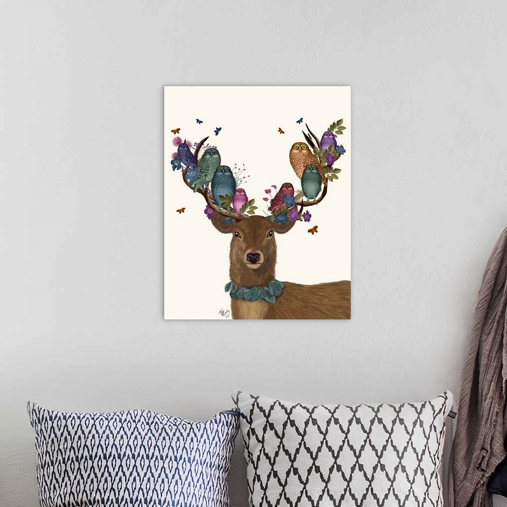 A bohemian room featuring Digital illustration of a buck wearing leaves around his neck and on his antlers and colorful owls.