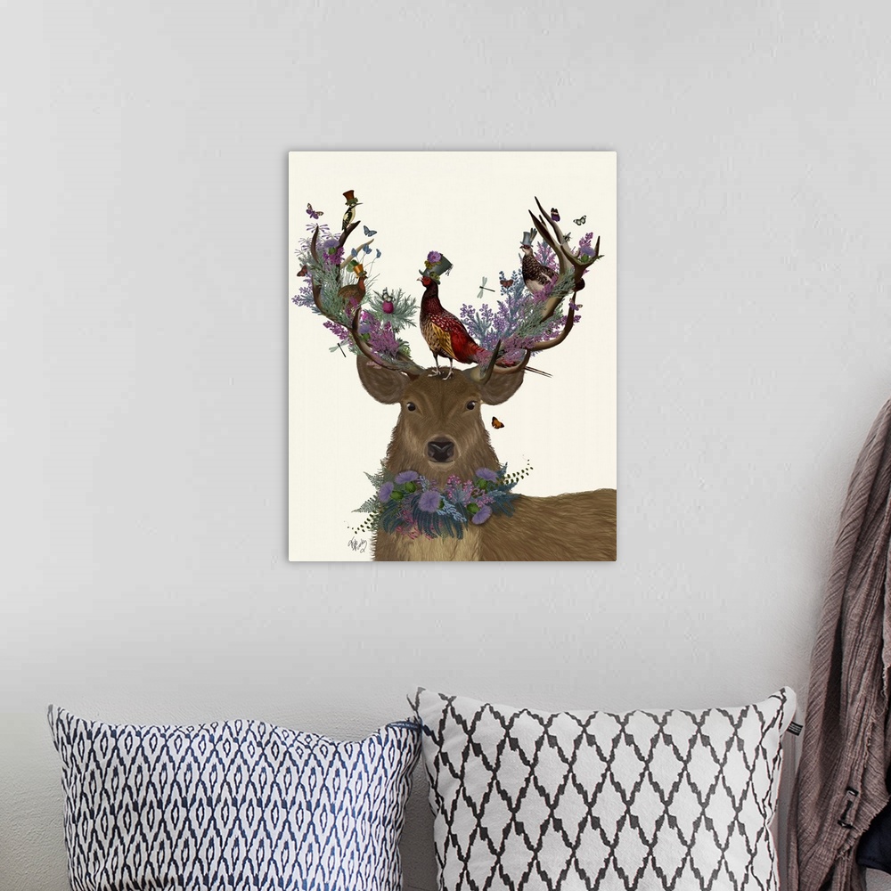 A bohemian room featuring Digital illustration of a buck wearing flowers around his neck and on his antlers and Scottish bi...