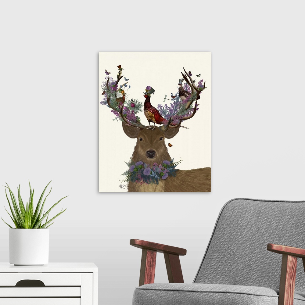A modern room featuring Digital illustration of a buck wearing flowers around his neck and on his antlers and Scottish bi...