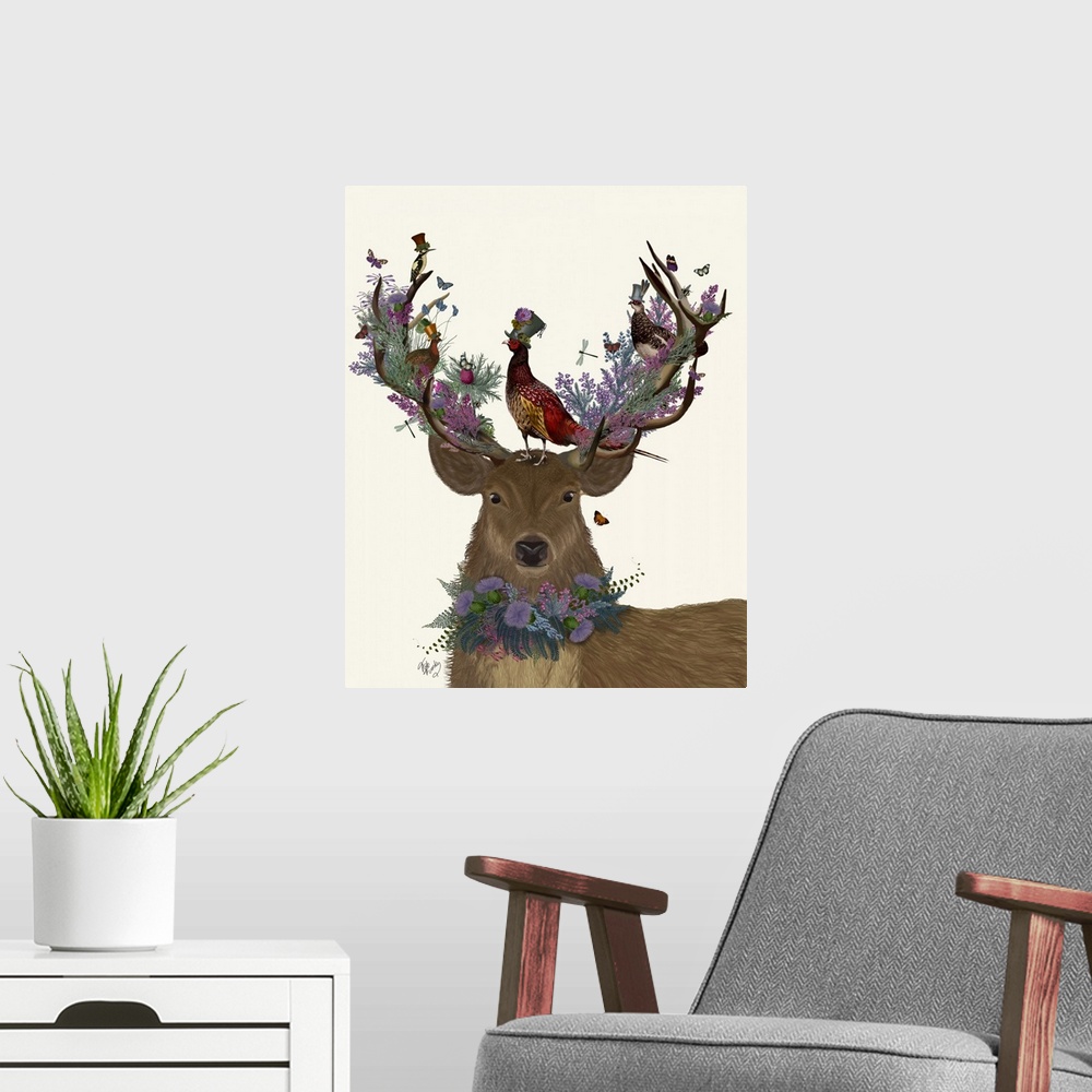 A modern room featuring Digital illustration of a buck wearing flowers around his neck and on his antlers and Scottish bi...