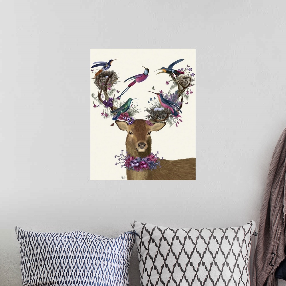 A bohemian room featuring Digital illustration of a buck wearing flowers around his neck and on his antlers along with trop...