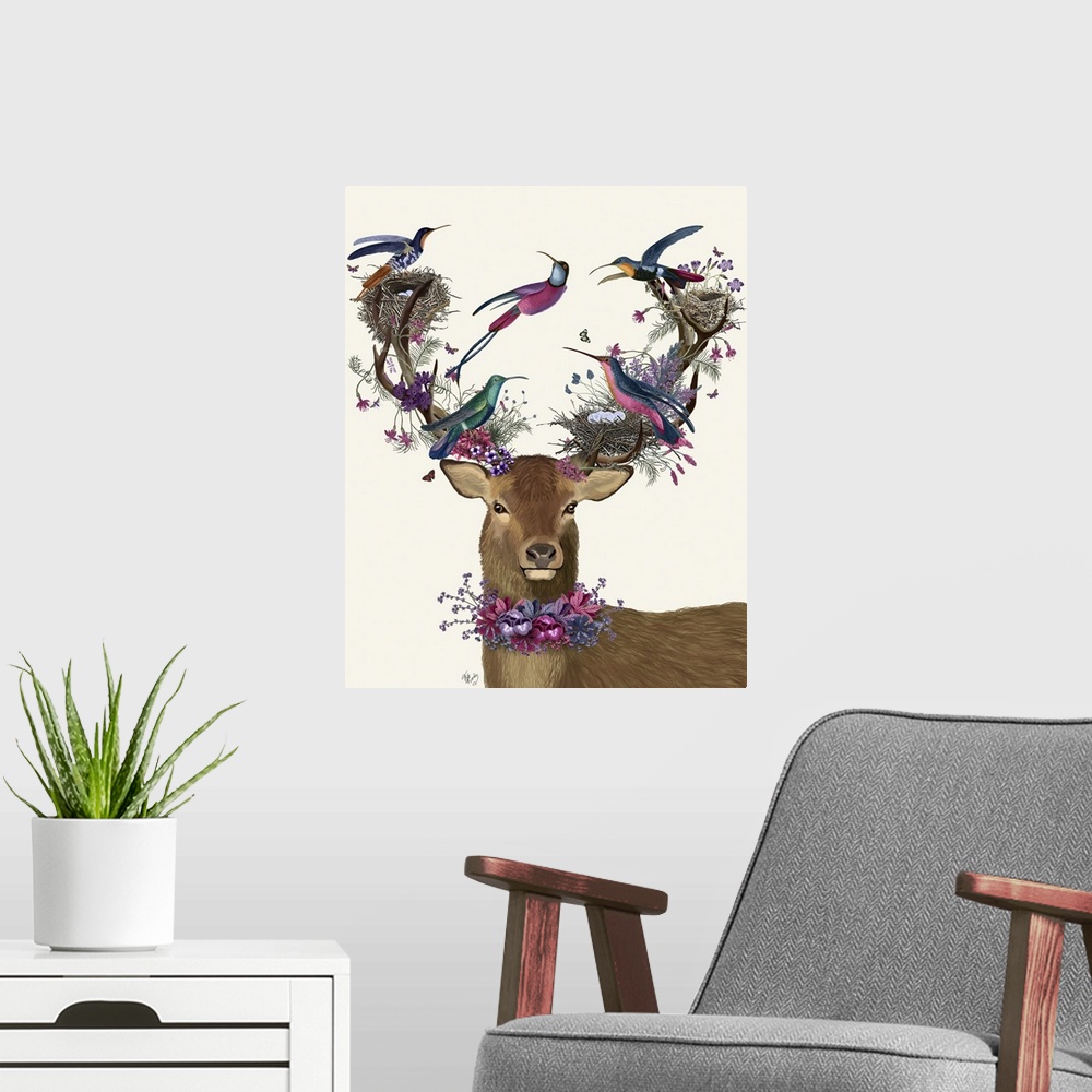 A modern room featuring Digital illustration of a buck wearing flowers around his neck and on his antlers along with trop...