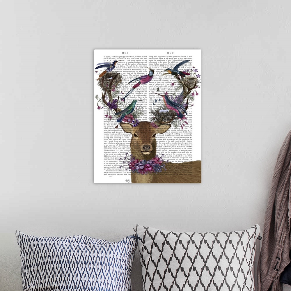 A bohemian room featuring Digital illustration of a buck wearing flowers around his neck and on his antlers along with trop...