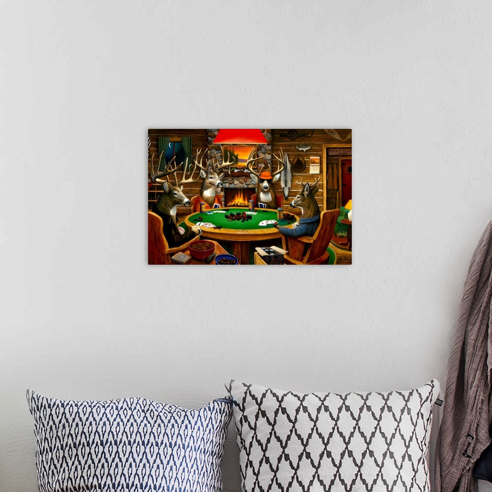 A bohemian room featuring Big canvas painting of four deer sitting around a circular table playing poker in a wooden cabin.