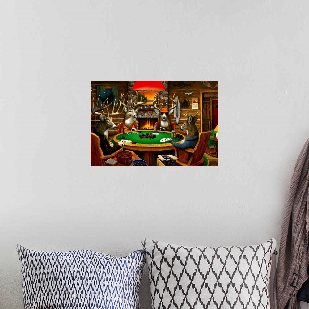 A bohemian room featuring Big canvas painting of four deer sitting around a circular table playing poker in a wooden cabin.