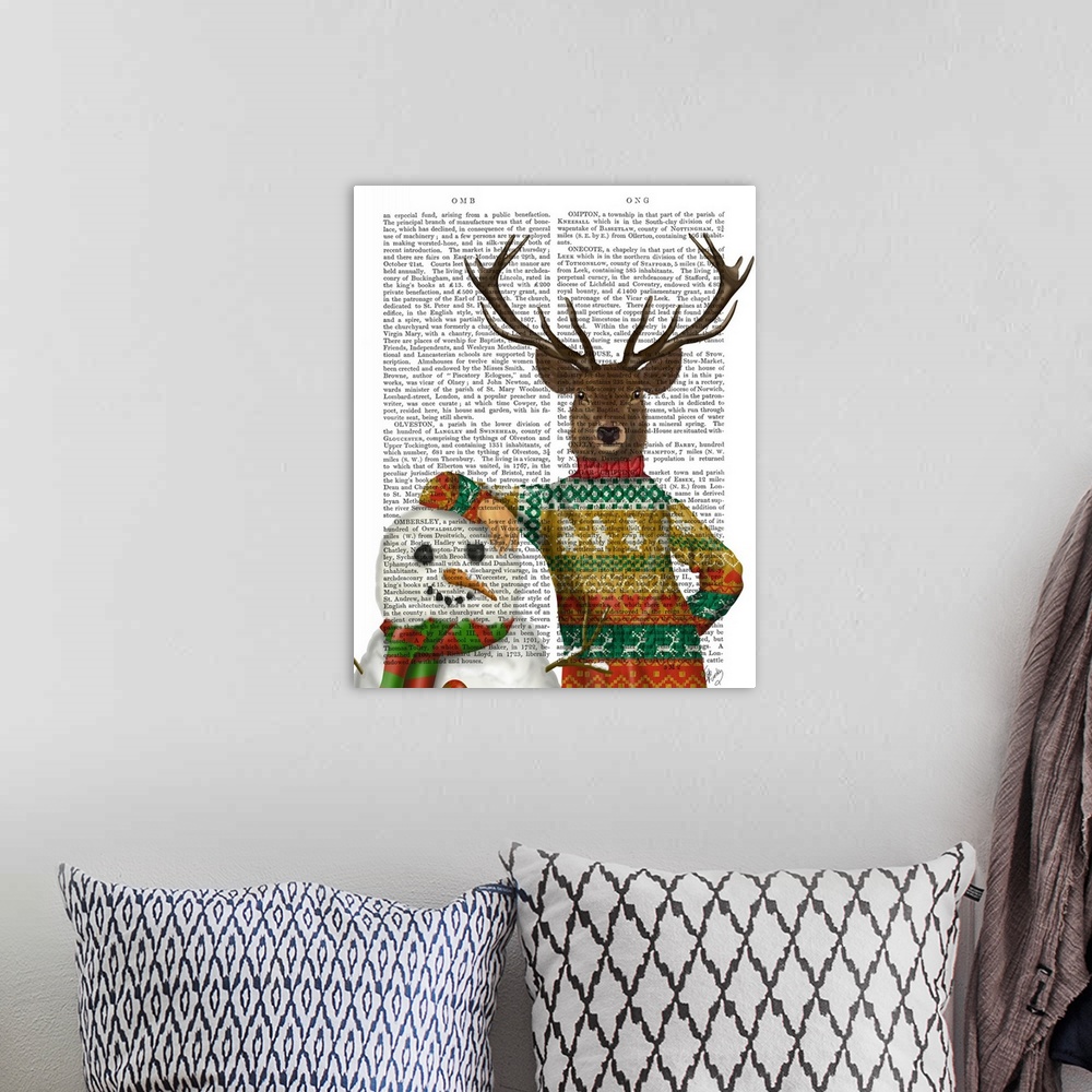 A bohemian room featuring Decorative artwork of a deer wearing a Christmas sweater with a snowman, painted on the page of a...