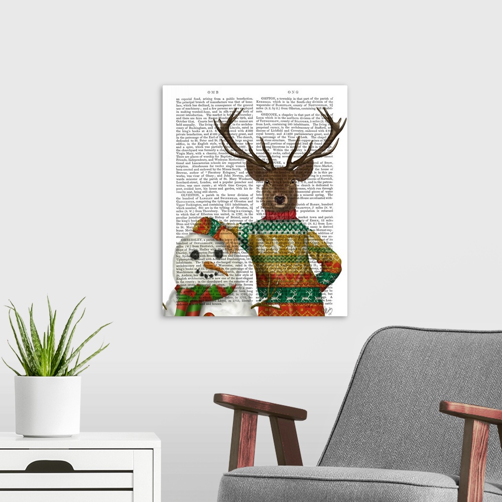 A modern room featuring Decorative artwork of a deer wearing a Christmas sweater with a snowman, painted on the page of a...