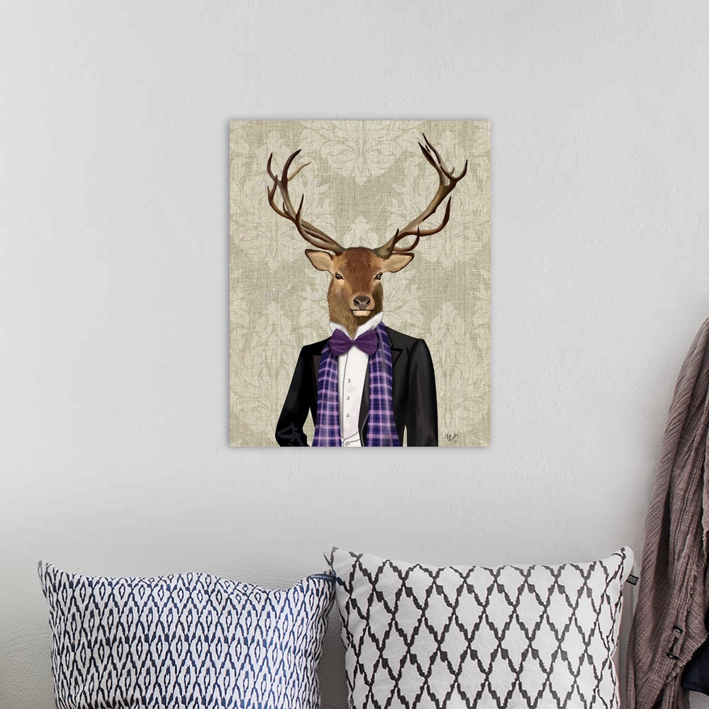 A bohemian room featuring An anthropomorphic deer wearing a suit with a purple bow tie.