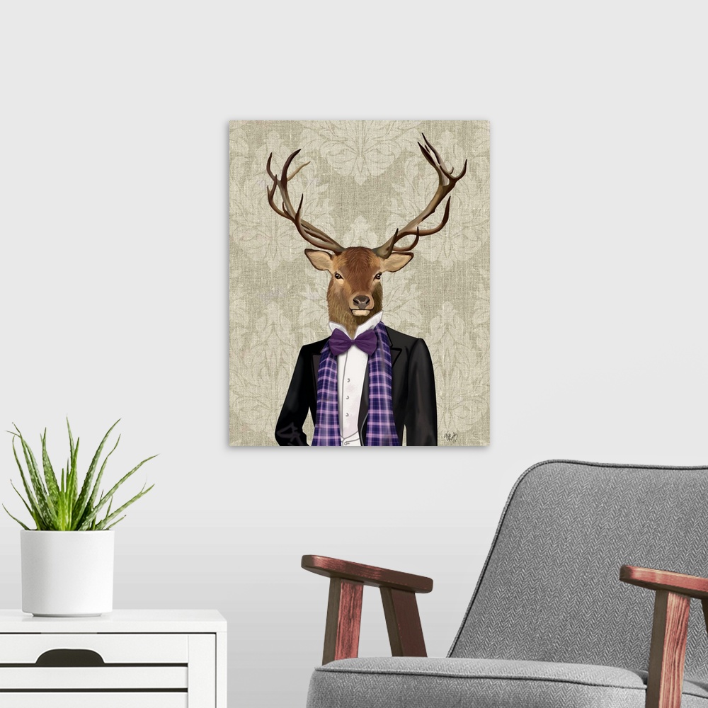A modern room featuring An anthropomorphic deer wearing a suit with a purple bow tie.