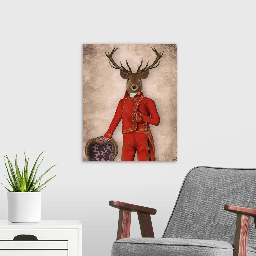 A modern room featuring Deer In Red And Gold Jacket