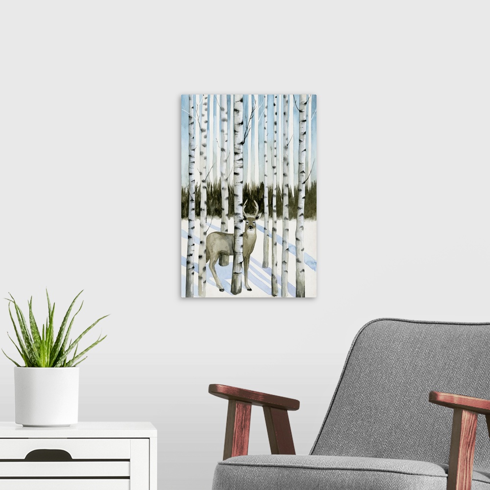 A modern room featuring Illustration of a deer hiding in aspen trees in the winter.